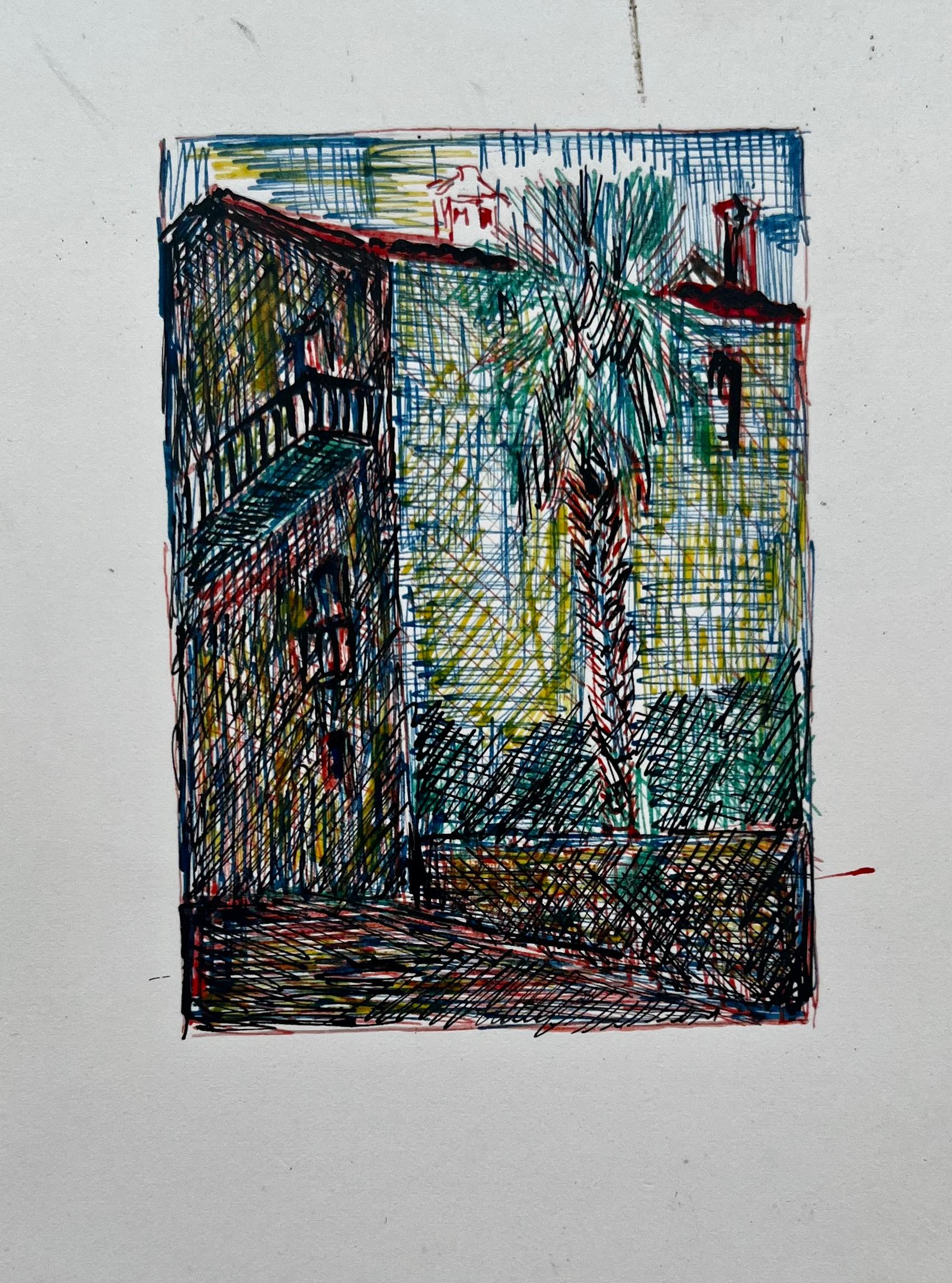 French Village Scene Palm Tree Colour Ink Drawing Modernist