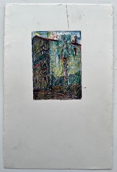 French Village Scene Palm Tree Colour Ink Drawing Modernist