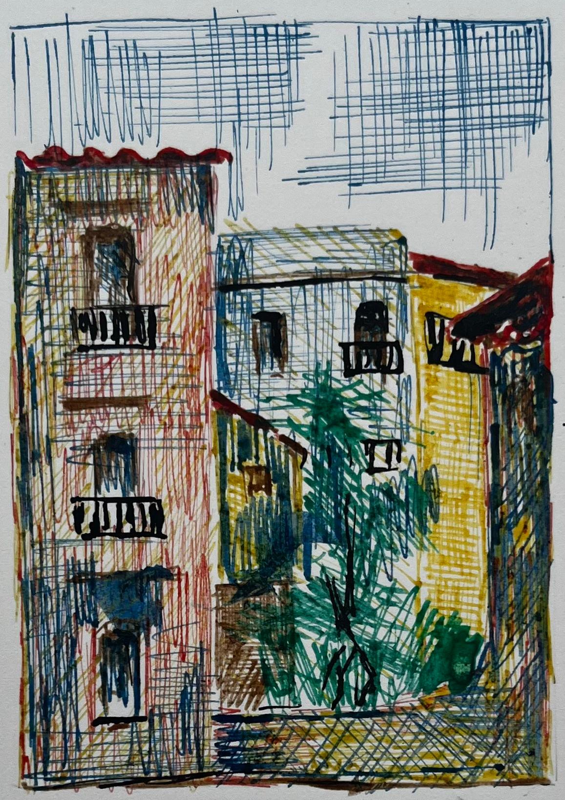 Scena di villaggio mediterraneo Disegno a inchiostro a colori Case con palme Modernista