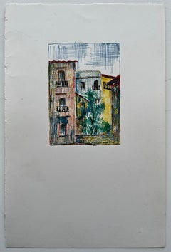 Mediterranean Village Scene Colour Ink Drawing Palm Tree Houses Modernist