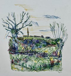 Modernist Landschaft Farbe Tinte Zeichnung Bäume Feld Church's Spire Studie