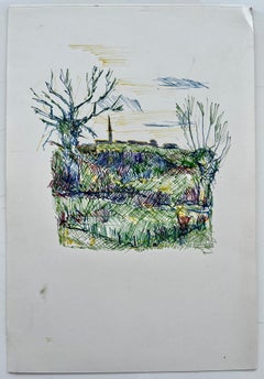 Modernist Landschaft Farbe Tinte Zeichnung Bäume Feld Church's Spire Studie