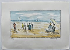 French Beach Scene Figures and Dog Seaside Umbrella Ink Watercolor Bernard Labbe