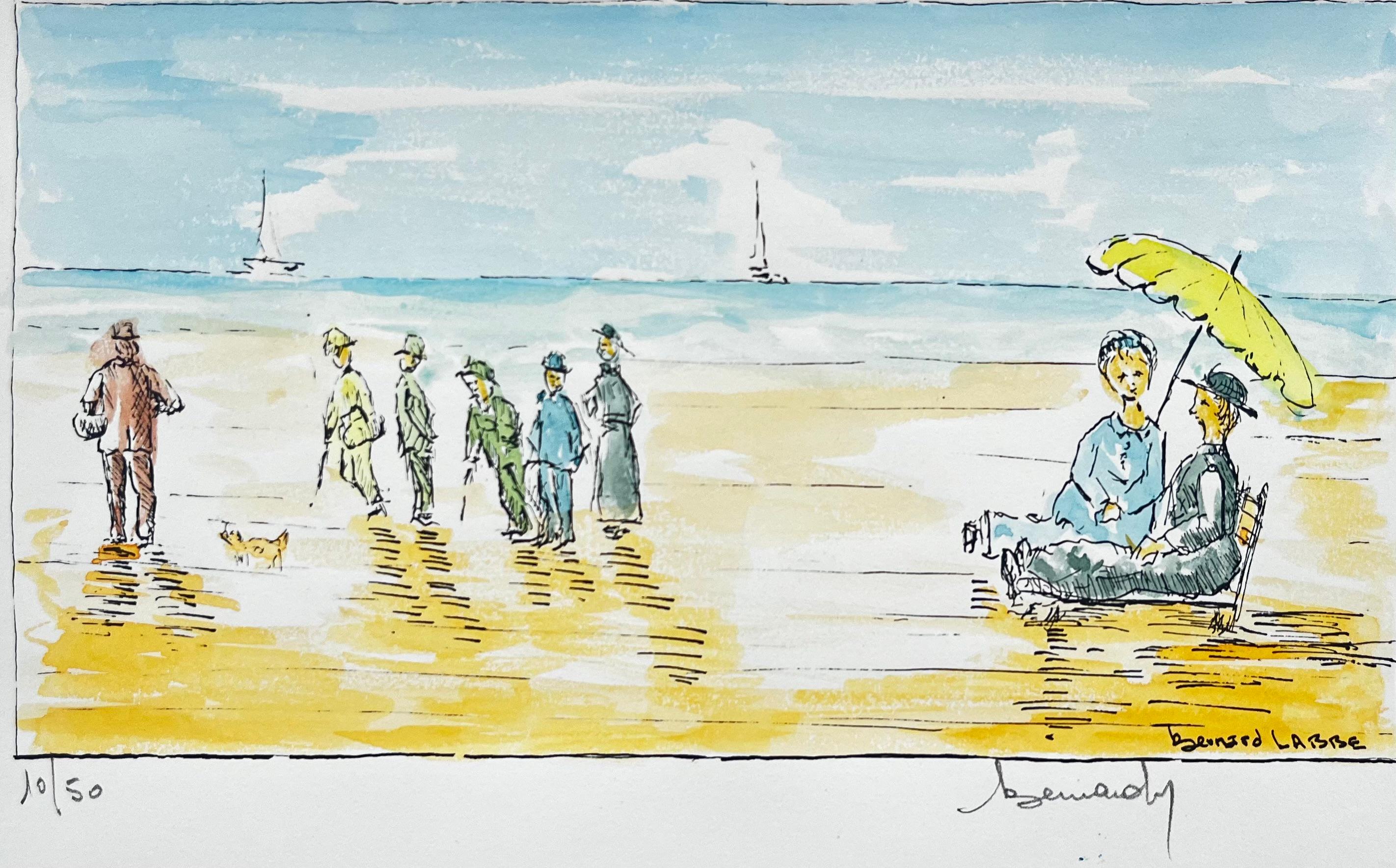 Titolo: Scena di spiaggia francese illuminata dal sole Figure in riva al mare Ombrello Inchiostro Acquerello Bernard Labbe
Artista: Bernard Labbe (French, mid 20th century)
Medium: Inchiostro e acquerello su carta da artisti, senza