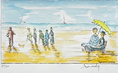 Sunlit French Beach Scene Figures Seaside Umbrella Ink Watercolor Bernard Labbe