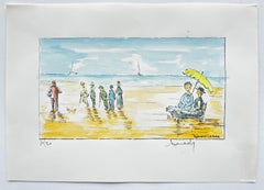 Sunlit French Beach Scene Figures Seaside Umbrella Ink Watercolor Bernard Labbe