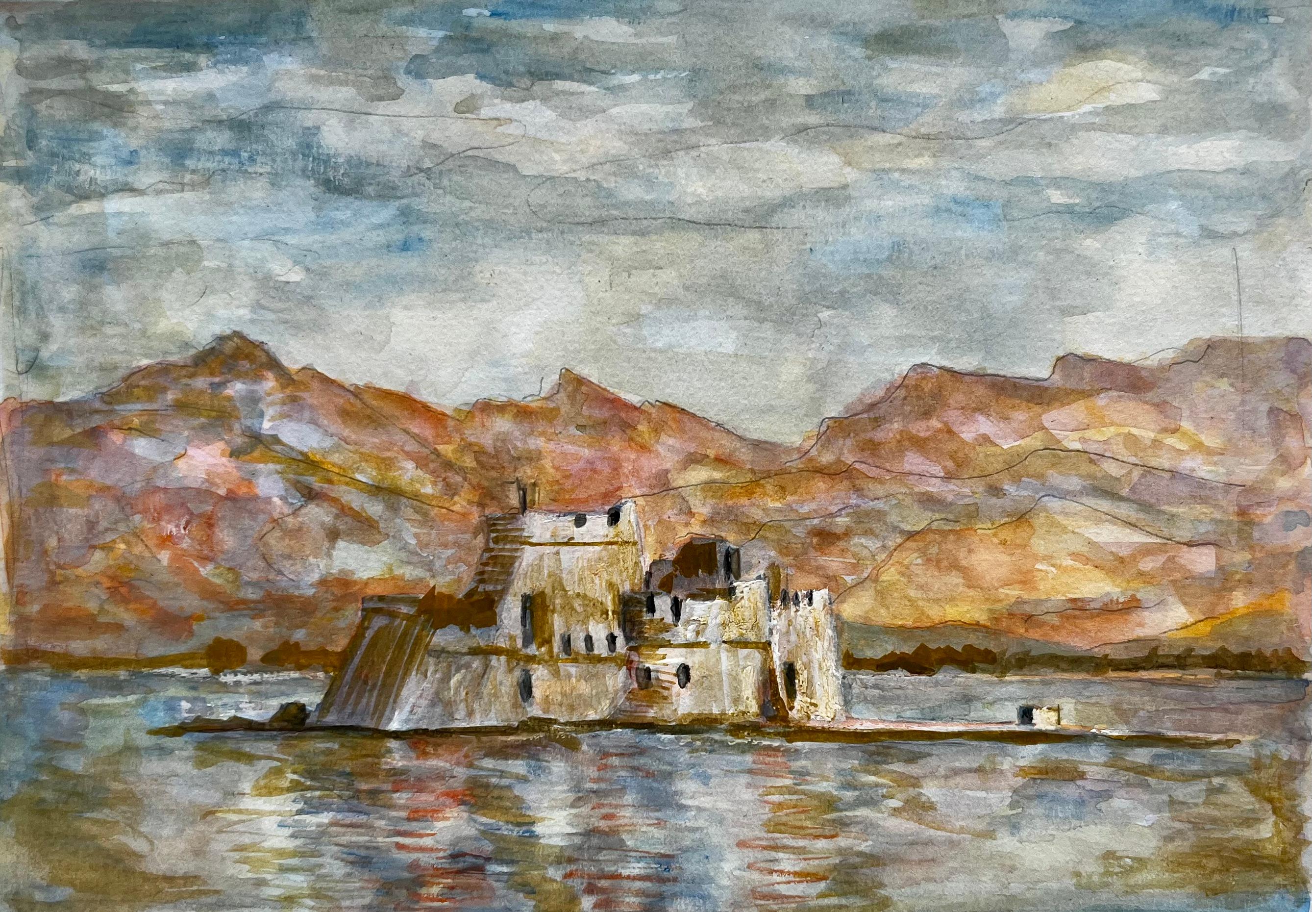 Greek Coastal Fortress Landscape Watercolor Mediterranean Architecture Study