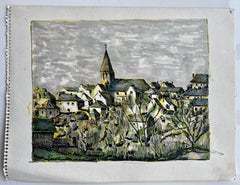 French Village Church Rooftops Ink and Coloured Pen Landscape Study