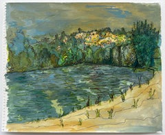 French Lakeside Landscape Ink and Watercolor Study by Bernard Labbe