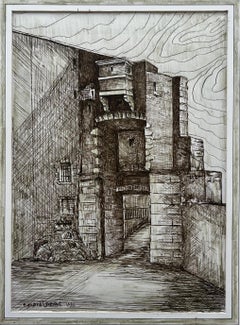 Französisches architektonisches Tor Tuschezeichnung 1986 von Bernard Labbe