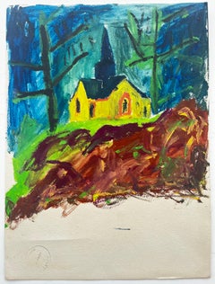 Expressionist Yellow Church Landscape Acrylic Painting by Bernard Labbe