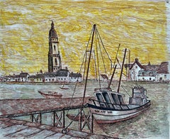 French Harbour Scene with Fishing Boat Pastel and Pen Drawing by Bernard Labbe