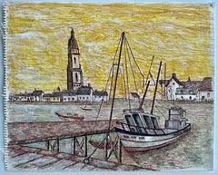 French Harbour Scene with Fishing Boat Pastel and Pen Drawing by Bernard Labbe