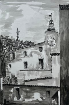 French Town Clock Tower Church Ink Wash Architectural Landscape Drawing