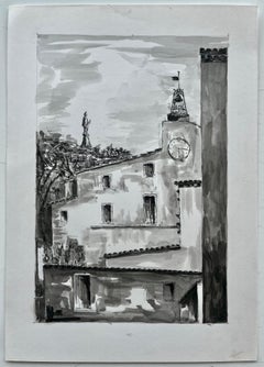 French Town Clock Tower Church Ink Wash Architectural Landscape Drawing