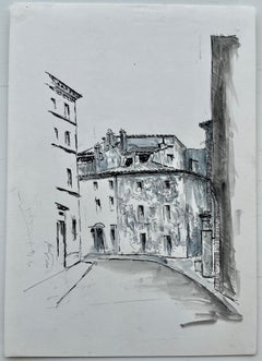 Scena di strada di un villaggio francese Disegno architettonico con lavaggio a inchiostro Bernard Labbe