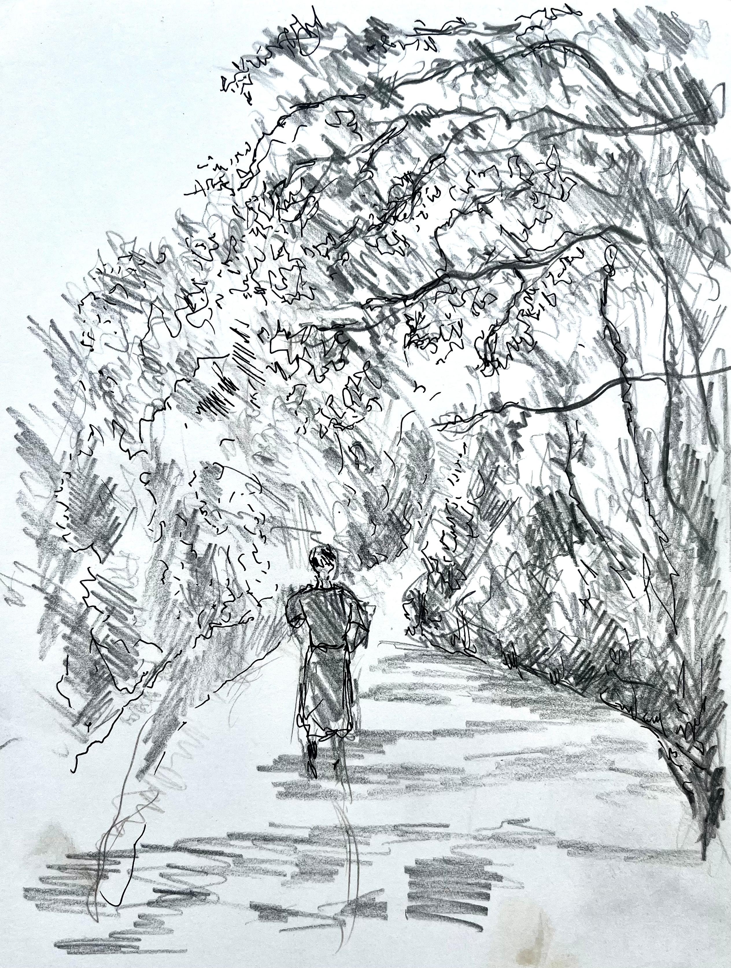 Chemin forestier français Figure Croquis à l'encre Dessin de paysage Bernard Labbe