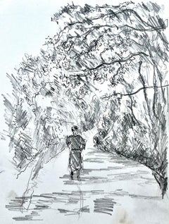 French Woodland Path Figure Ink Sketch Landscape Drawing Bernard Labbe
