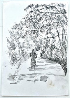 French Woodland Path Figure Ink Sketch Landscape Drawing Bernard Labbe