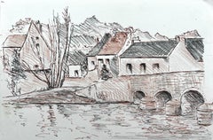 Village français Pont fluvial Maisons Dessin à l'encre Paysage Bernard Labbe
