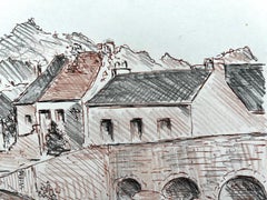Village français Pont fluvial Maisons Dessin à l'encre Paysage Bernard Labbe