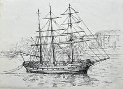 Französisch Segelschiff Hafen Tinte Zeichnung Maritime Szene Bernard Labbe