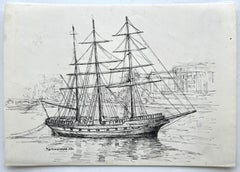Französisch Segelschiff Hafen Tinte Zeichnung Maritime Szene Bernard Labbe