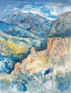 French Mountain Landscape Blue Valley Watercolor Ink Painting Bernard Labbe