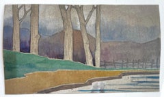 Stylised Woodland Landscape Trees Riverbank Decorative Gouache Painting