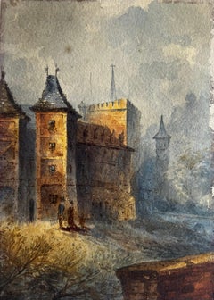 Antique French Town Architecture Tower Figures Watercolor Landscape Painting