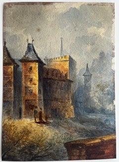 Antique French Town Architecture Tower Figures Watercolor Landscape Painting