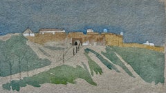 Porta della città spagnola Paesaggio Scena stradale Pittura ad acquerello Andalusia