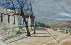 Spanish Coastal Road Trees House Landscape Watercolor Painting Ave Tenno