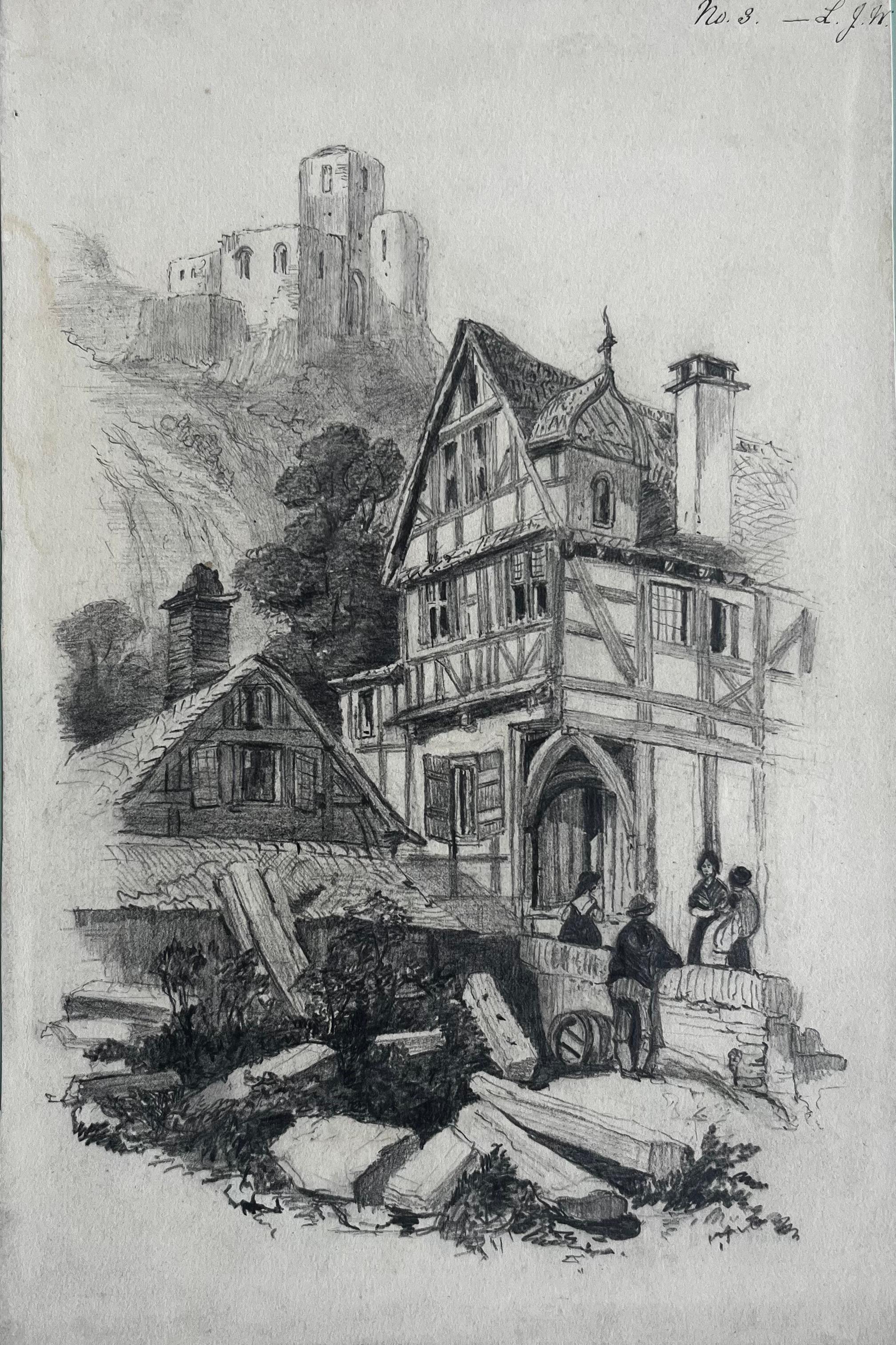 Landscape Art de French School Mid 20th Century - Romántica Aldea Medieval con Castillo sobre Colina Dibujo en Grafito