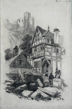 Romantic Medieval Village with Castle on Hill Graphite Drawing
