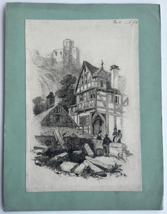 Romantic Medieval Village with Castle on Hill Graphite Drawing