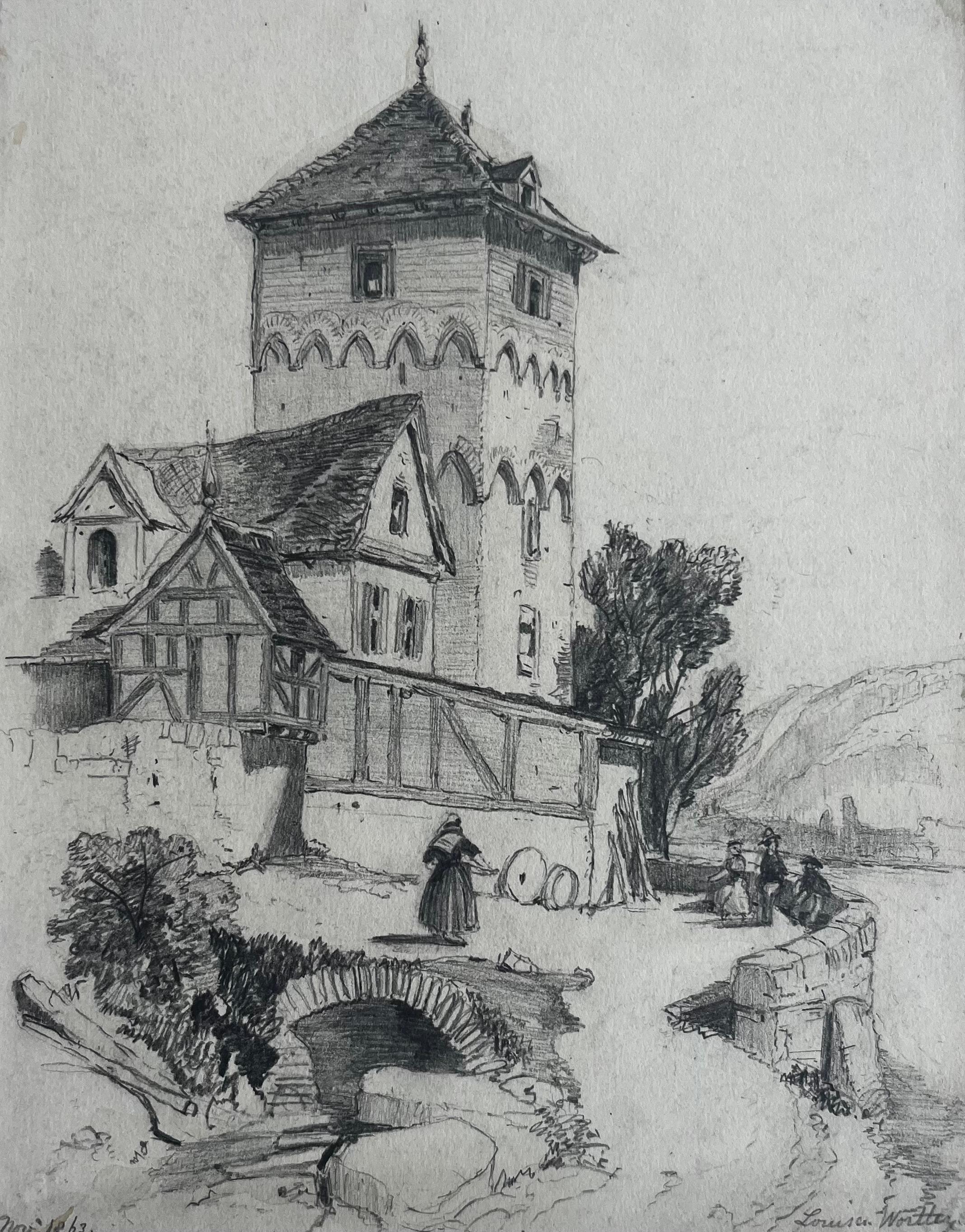 French School Mid 20th Century Landscape Art - Medieval Tower and Bridge Village Scene Graphite Drawing