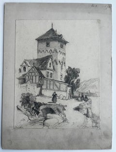 Medieval Tower and Bridge Village Scene Graphite Drawing