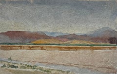 French School Desert Landscape Mountain Hills Watercolor Sketch Mid Century
