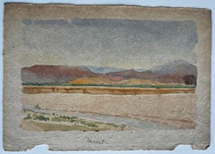 French School Desert Landscape Mountain Hills Watercolor Sketch Mid Century