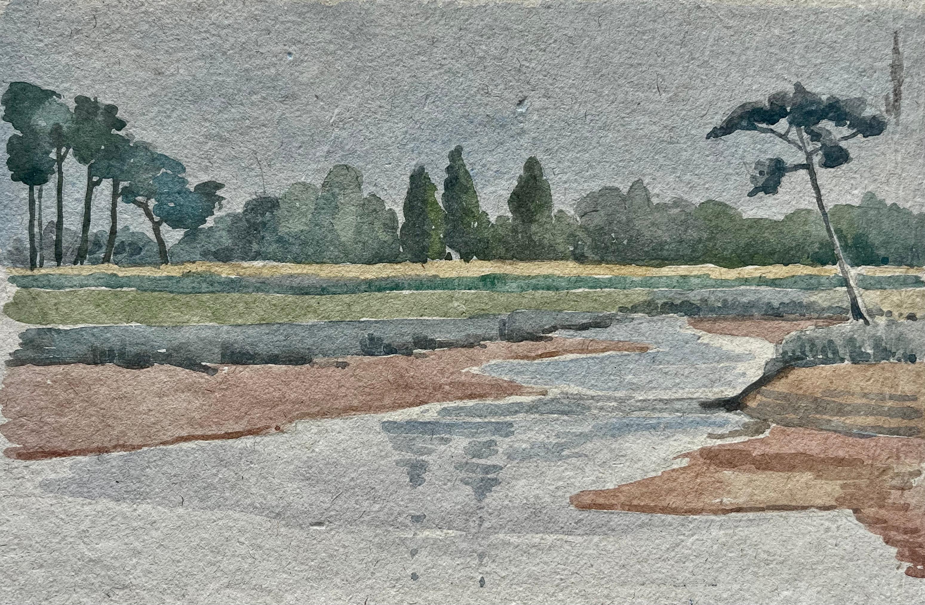 French River Landscape Trees Water Meadow Watercolor Sketch Mid Century