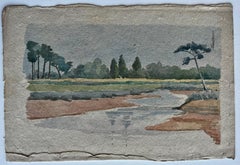 French River Landscape Trees Water Meadow Watercolor Sketch Mid Century