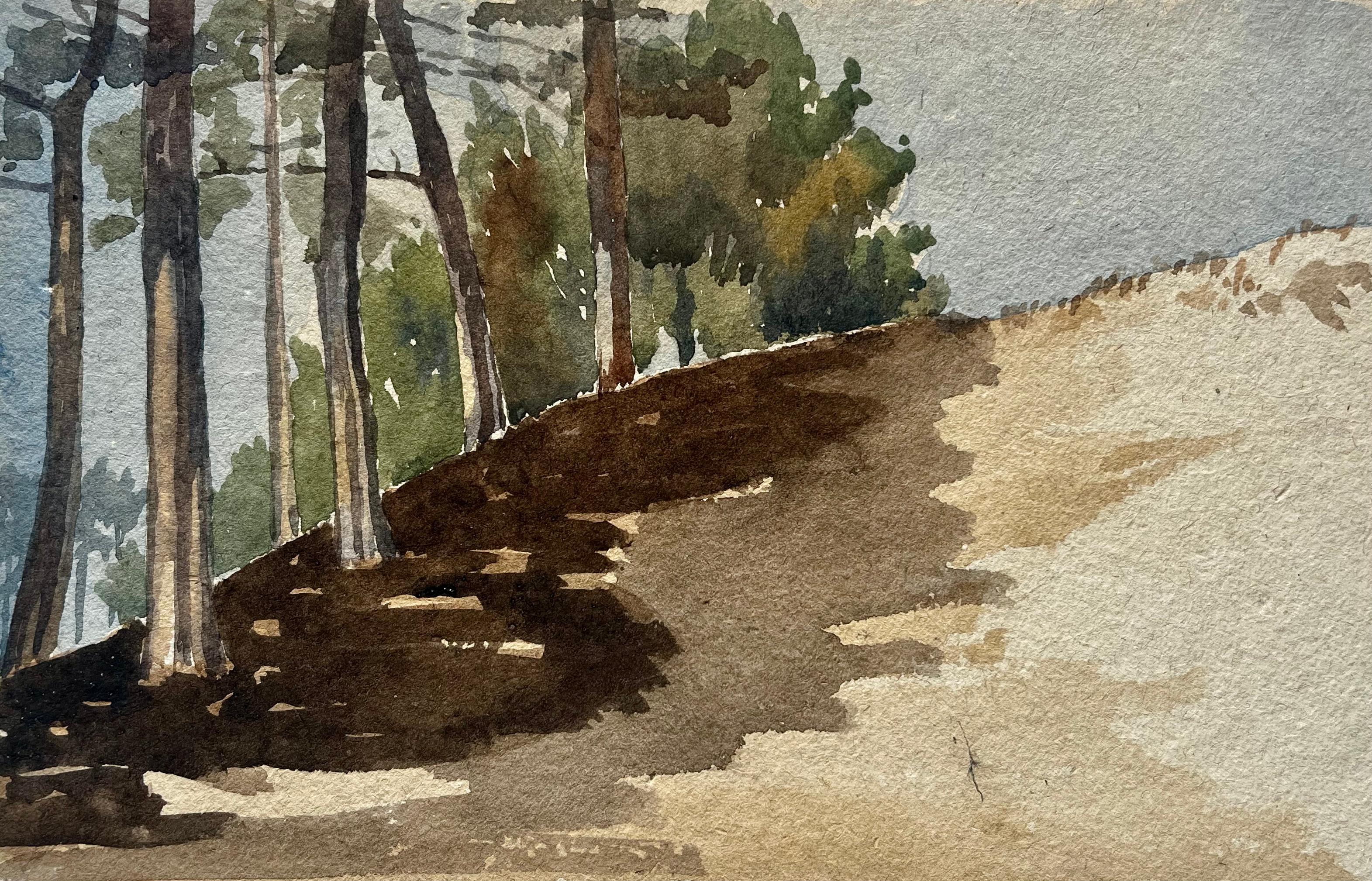 French Woodland Trees Hillside Landscape Watercolor Sketch Mid Century