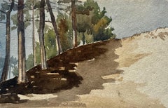 French Woodland Trees Hillside Landscape Watercolor Sketch Mid Century