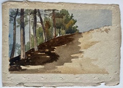 French Woodland Trees Hillside Landscape Watercolor Sketch Mid Century