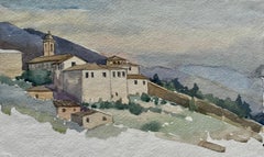 French Hilltop Village Church Mountain Landscape Watercolor Sketch