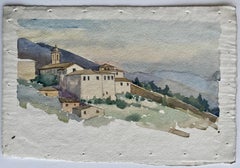 French Hilltop Village Church Mountain Landscape Watercolor Sketch