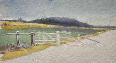 French Countryside Gate Fence Field Landscape Watercolor Sketch