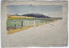 French Countryside Gate Fence Field Landscape Watercolor Sketch