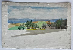 French Countryside Trees Field Panoramic Landscape Watercolor Sketch